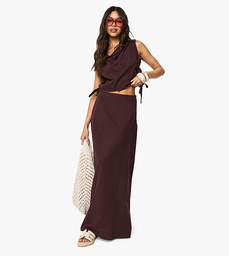 Linen Look Cowl Neck Crop Top & Maxi Skirt Co-Ord Set