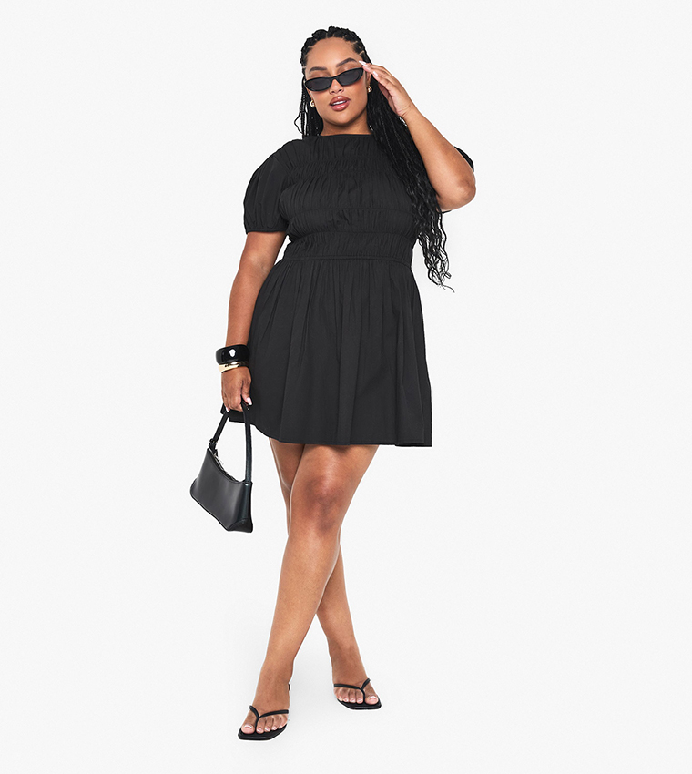 Buy Boohoo Curve Cotton Shirred Skater Dress In Black 6thStreet UAE