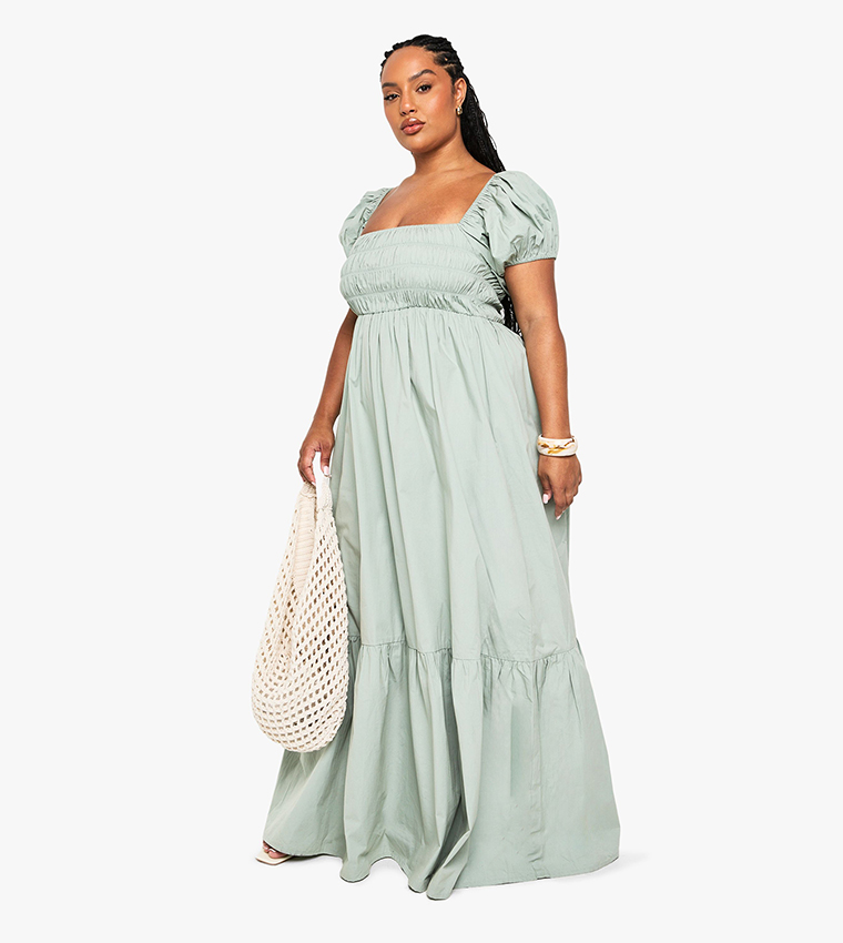Buy Boohoo Curve Cotton Poplin Puff Sleeves Maxi Dress In Green