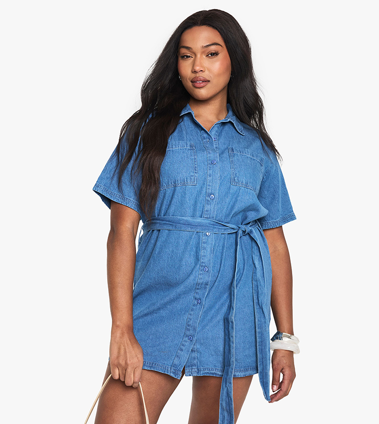 white christmas dresses Collared Neck Tie Waist Short Sleeve Denim Dress Medium / S main image 0