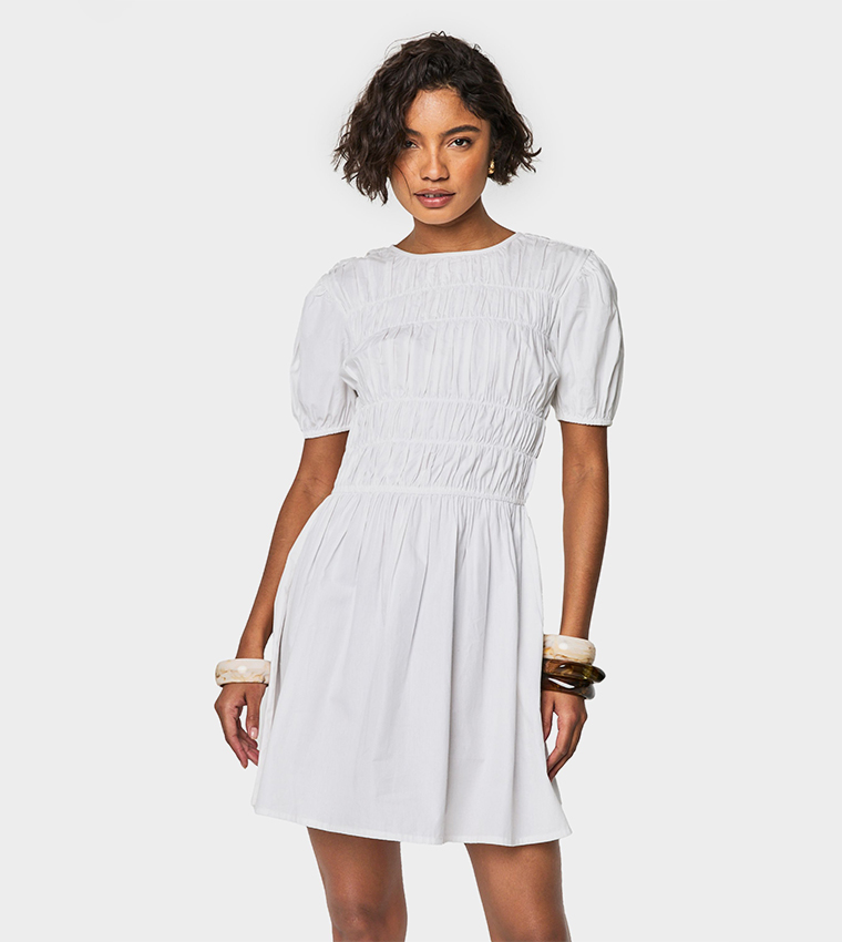 Buy Boohoo Tall Ruched Poplin Skater Mini Dress In White