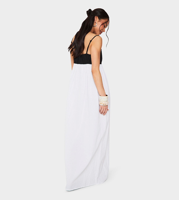 Contrast Linen Smock Maxi Dress