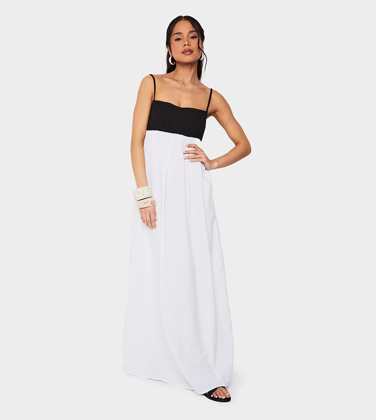 Contrast Linen Smock Maxi Dress