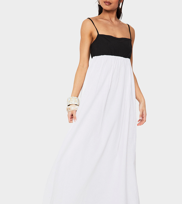 Contrast Linen Smock Maxi Dress