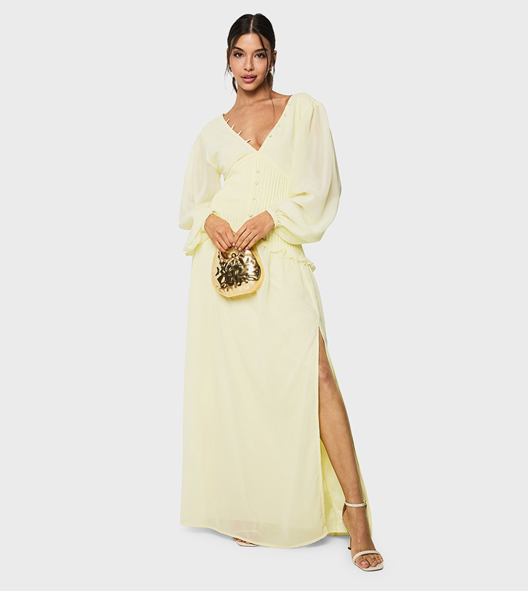 Chiffon Long Sleeves Pleated Waist Maxi Dress