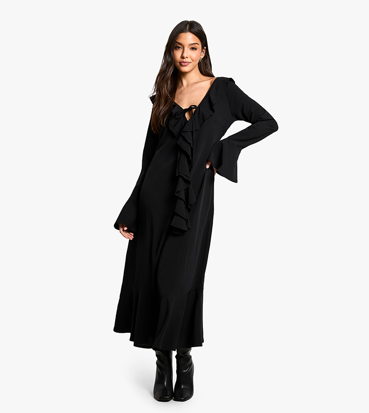 Textured Ruffled Long Sleeves Midaxi Dress