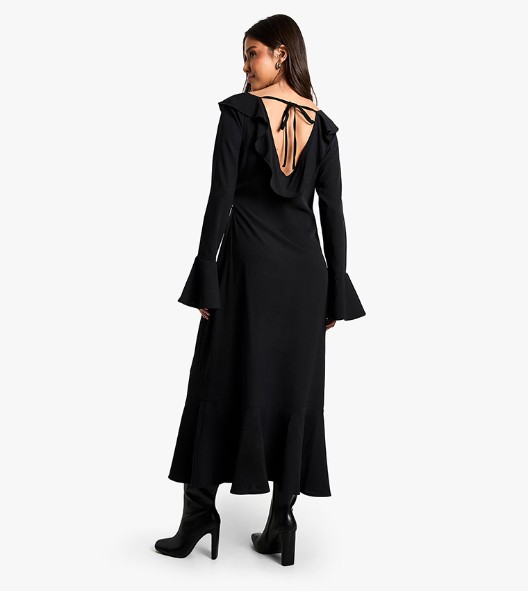 Textured Ruffled Long Sleeves Midaxi Dress