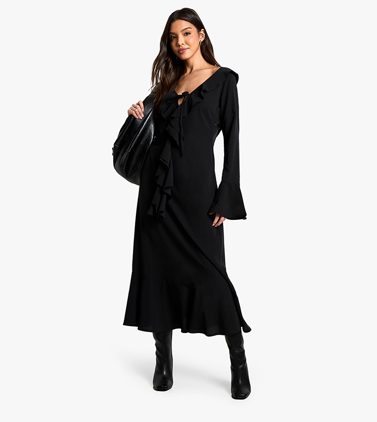 Textured Ruffled Long Sleeves Midaxi Dress