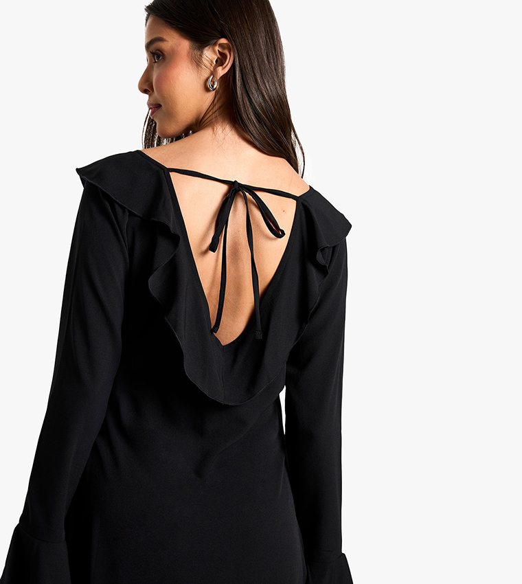 Textured Ruffled Long Sleeves Midaxi Dress