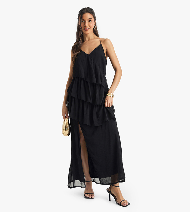 Chiffon Ruffle Cross Back Maxi Dress
