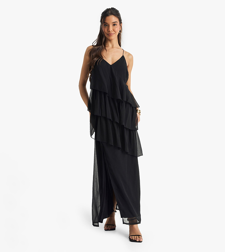 Chiffon Ruffle Cross Back Maxi Dress