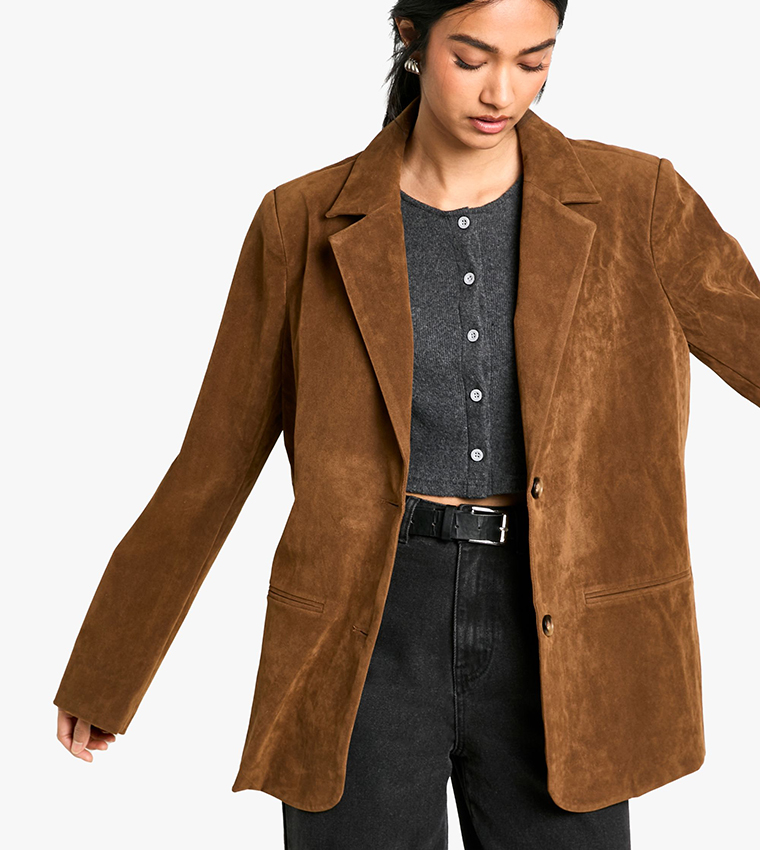 Vintage Look Faux Suede Relaxed Fit Blazer