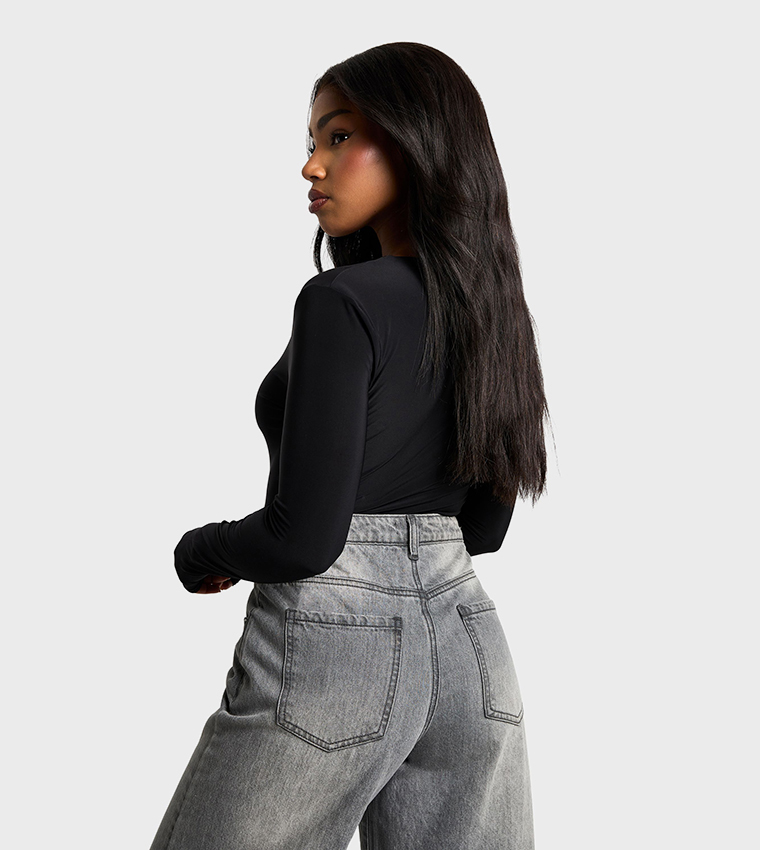 Slinky Plunge Front Long Sleeves Bodysuit