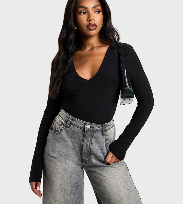 Slinky Plunge Front Long Sleeves Bodysuit