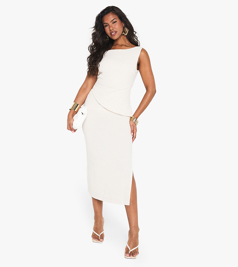 Linen Look Asymmetric Midi Dress