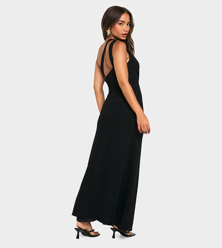 Linen Look Drape Strap Back Slit Maxi Dress