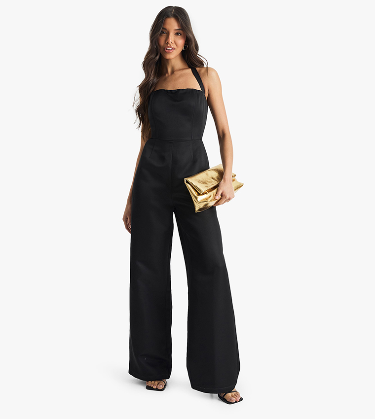 Premium Satin Halterneck Wide Leg Jumpsuit