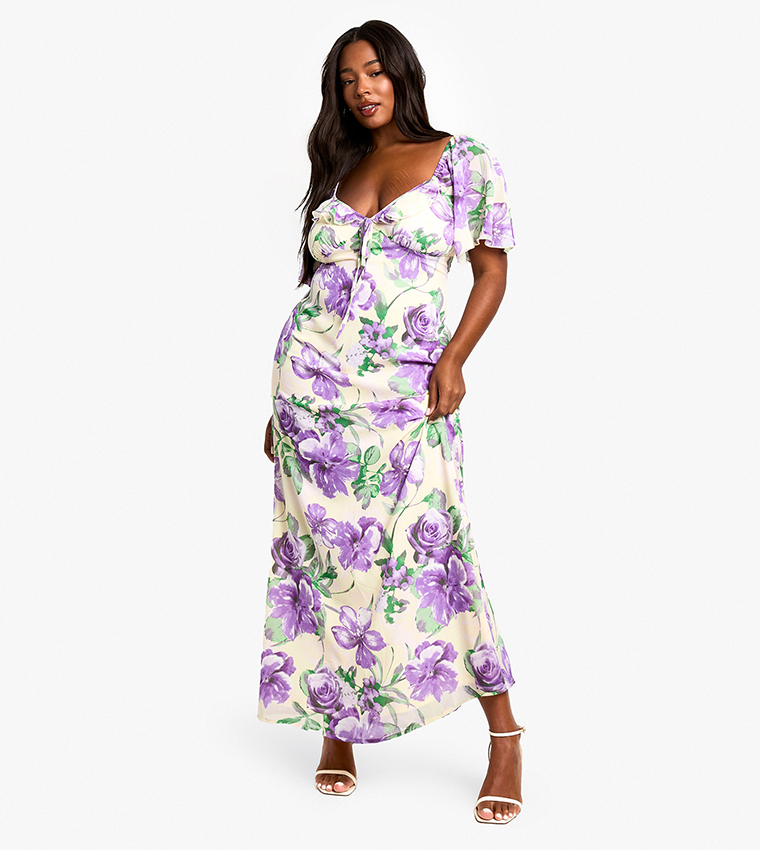 Curve Ruffle Floral Printed Short Sleeves Maxi Dress