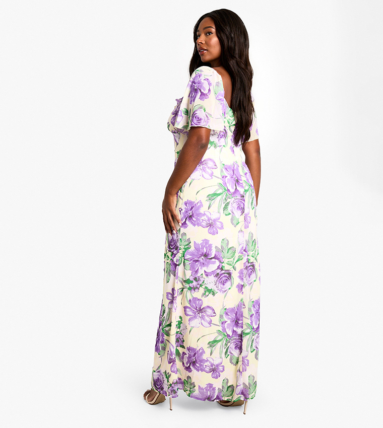 Curve Ruffle Floral Printed Short Sleeves Maxi Dress
