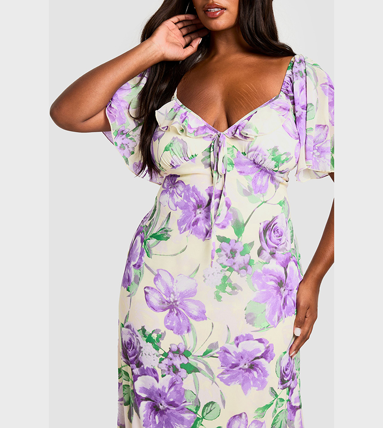 Curve Ruffle Floral Printed Short Sleeves Maxi Dress
