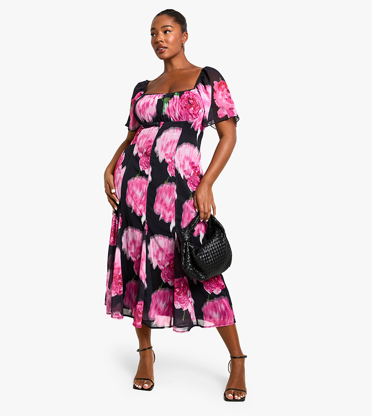 Curve Printed Floral Lace Trim Midaxi Dress