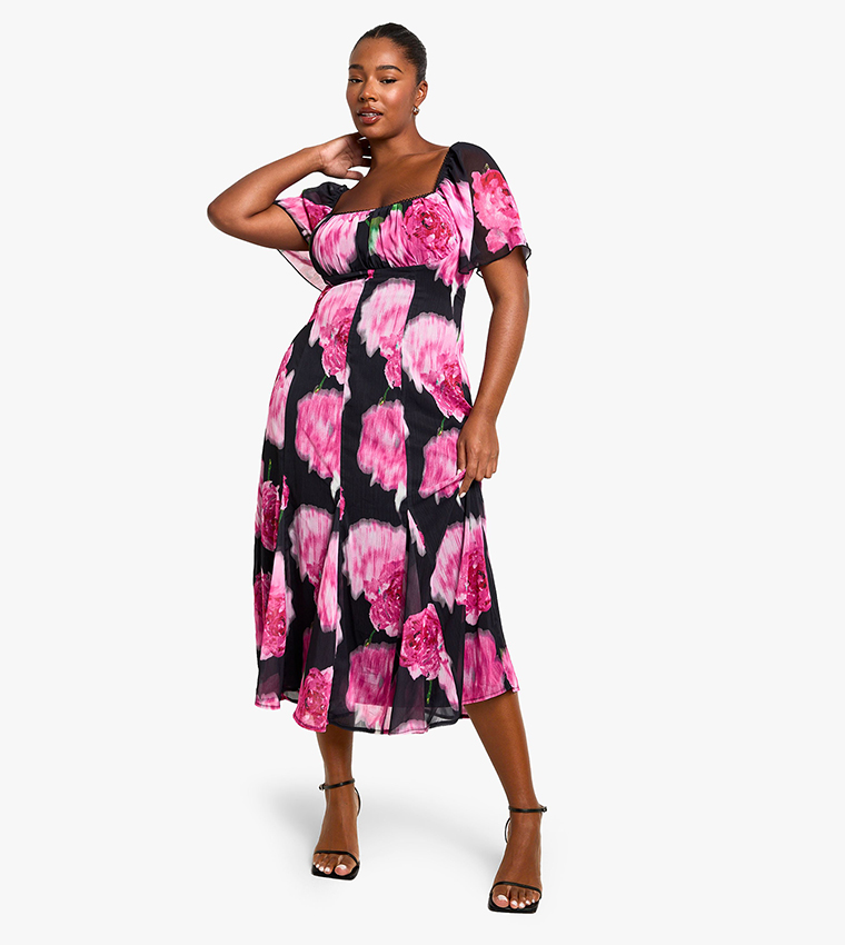 Curve Printed Floral Lace Trim Midaxi Dress