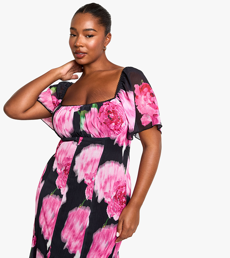 Curve Printed Floral Lace Trim Midaxi Dress