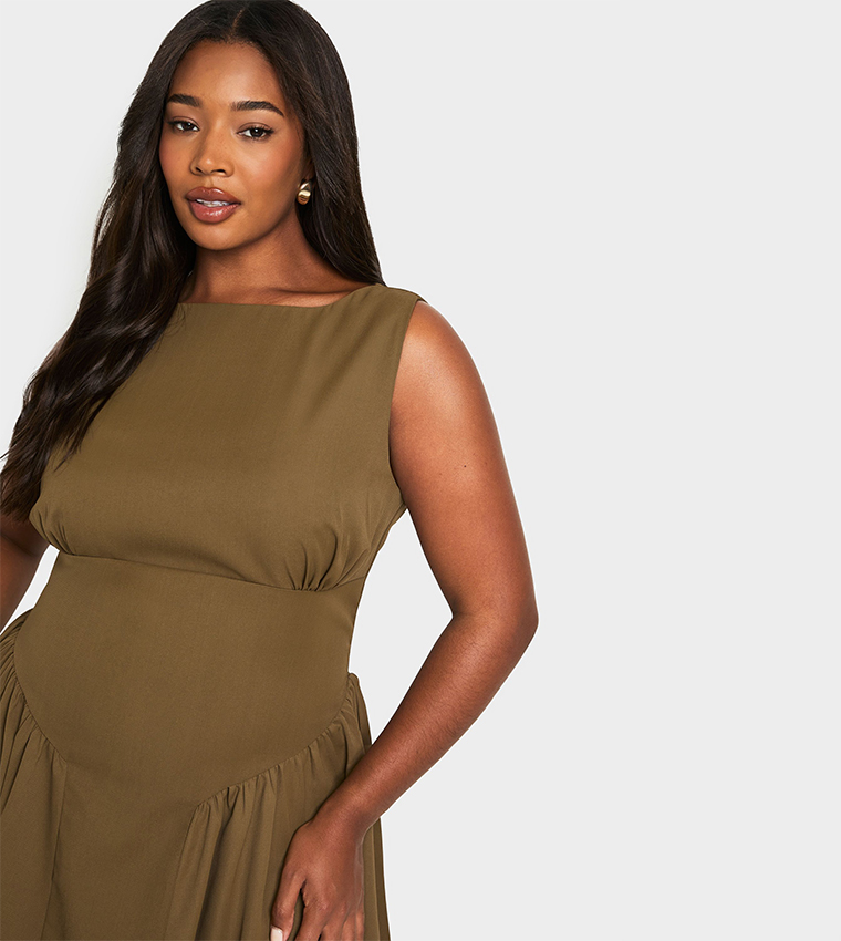 Buy Boohoo Curve Tailored Sleeveless Skater Dress In Olive