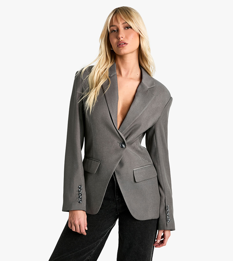Asymmetric Wrap Cinched Waist Blazer