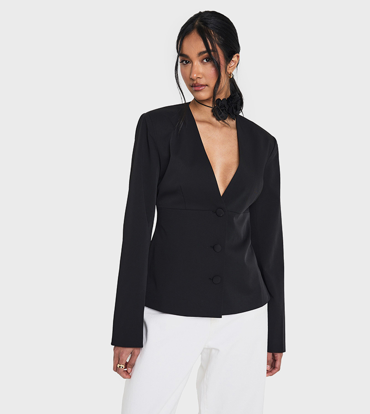 Collarless Plunge Tailored Blazer