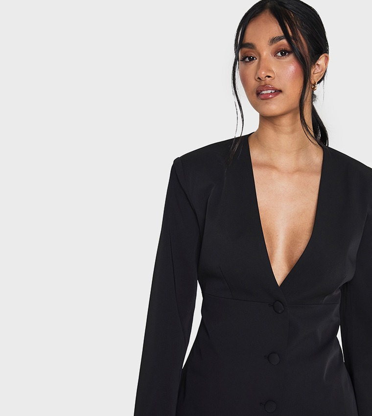 Collarless Plunge Tailored Blazer