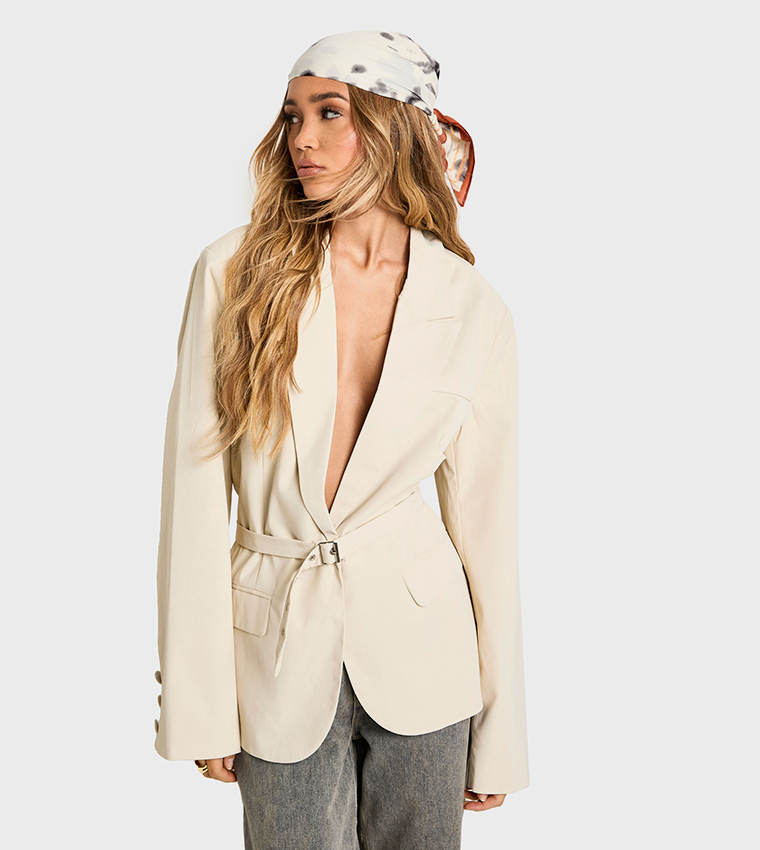 Premium Woven Oversized Cinched Waist Belted Blazer