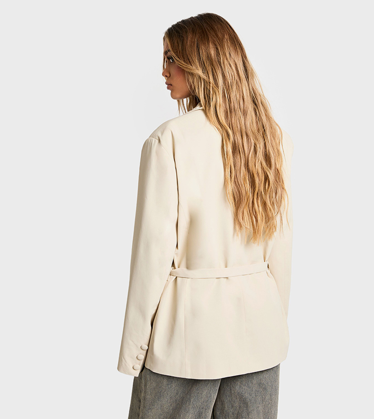 Premium Woven Oversized Cinched Waist Belted Blazer