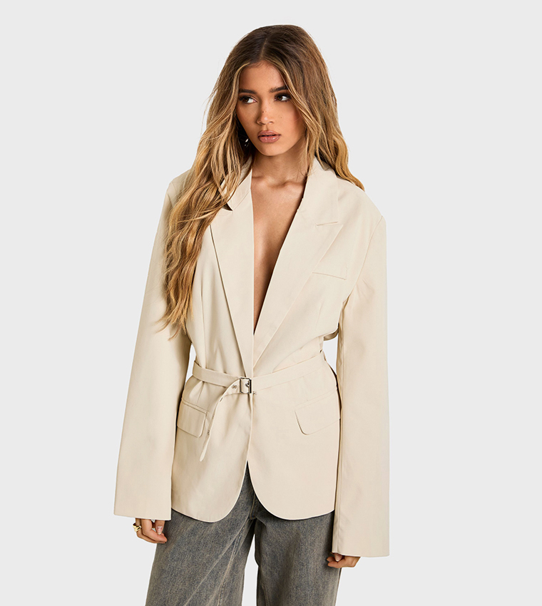 Premium Woven Oversized Cinched Waist Belted Blazer