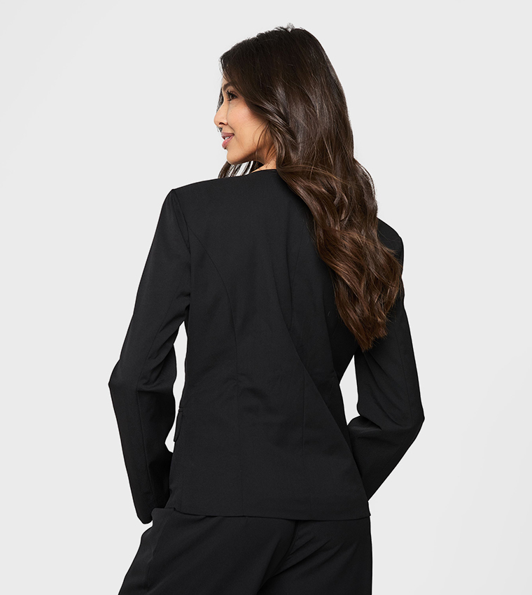 Scoop Neck Button Front Fitted Blazer