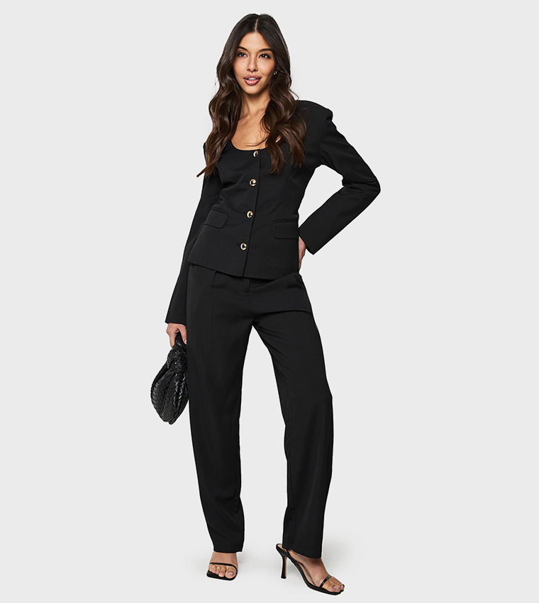 Scoop Neck Button Front Fitted Blazer