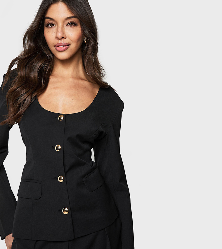 Scoop Neck Button Front Fitted Blazer