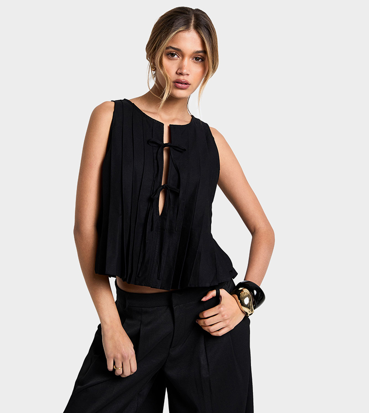 Linen Look Pleated Tie Front Smock Top