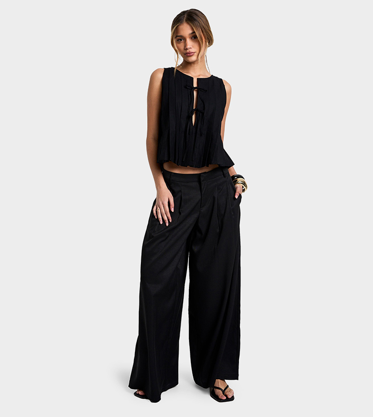 Linen Look Pleated Tie Front Smock Top