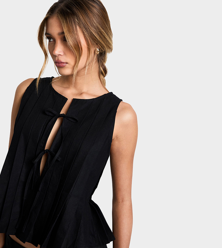 Linen Look Pleated Tie Front Smock Top