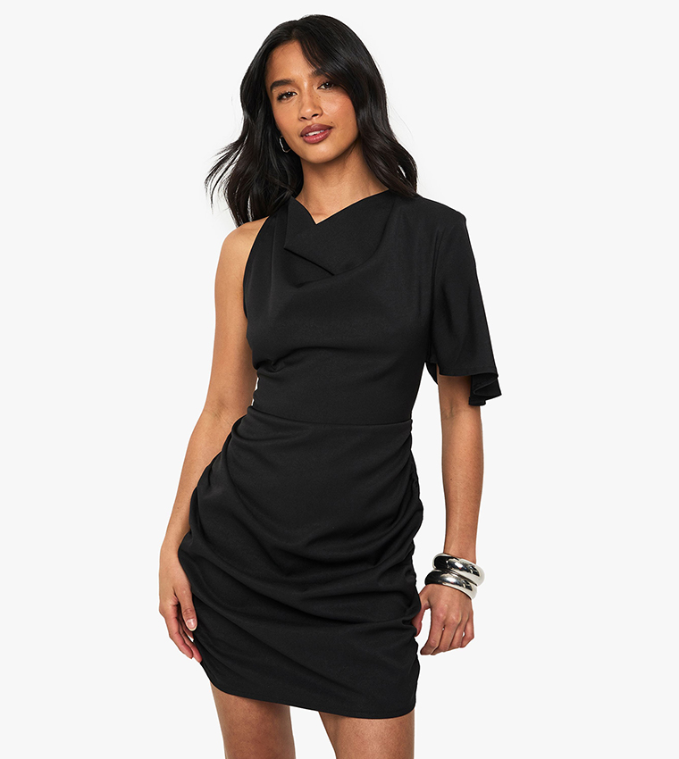 Petite Drape Detail Asymmetric Mini Dress