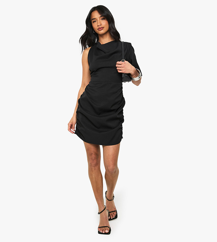Petite Drape Detail Asymmetric Mini Dress
