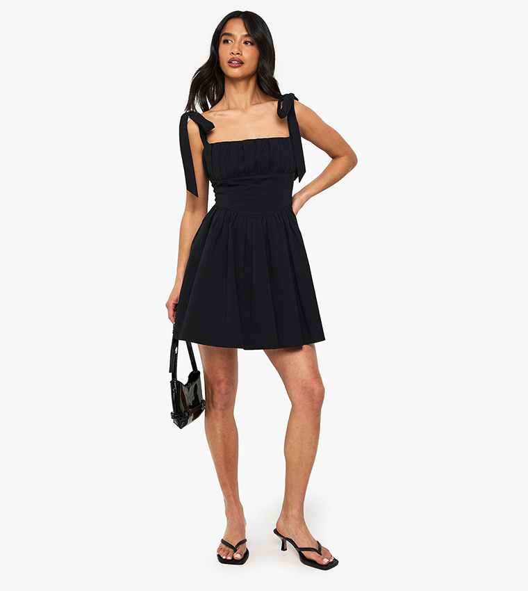 Buy Boohoo Petite Tie Shoulder Milkmaid Skater Dress In Black