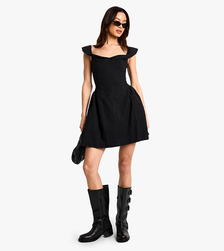 strapless open back dress Yumi Black Velvet Skater Dress With Mesh Bow Sleeves