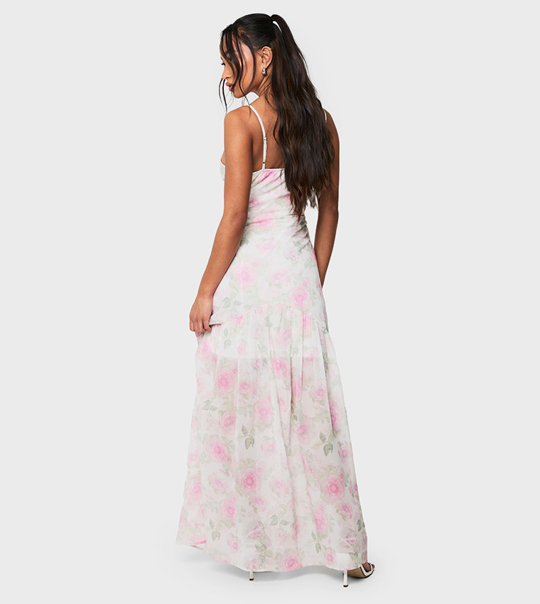 Floral Print Chiffon Mix Dropped Hem Maxi Dress