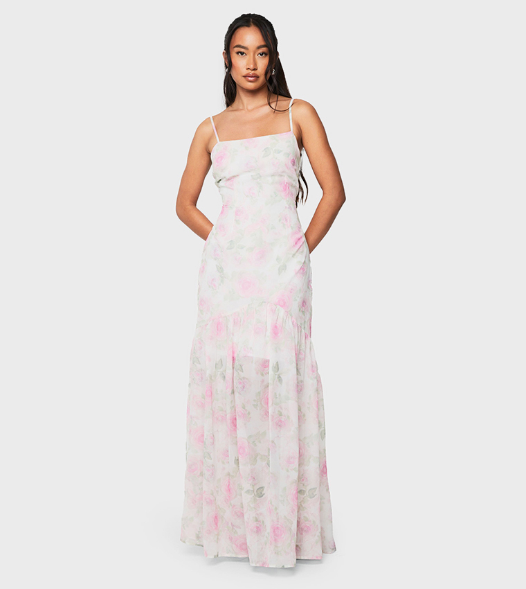 Floral Print Chiffon Mix Dropped Hem Maxi Dress