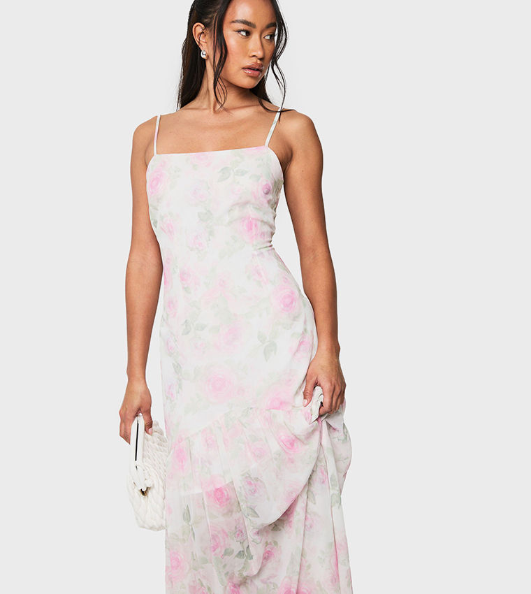 Floral Print Chiffon Mix Dropped Hem Maxi Dress