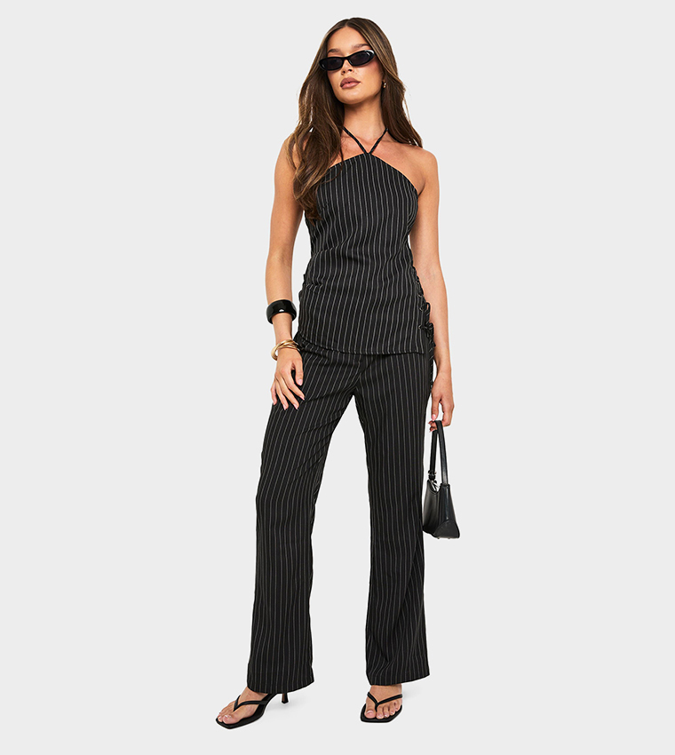 Striped Halterneck Lace Up Top