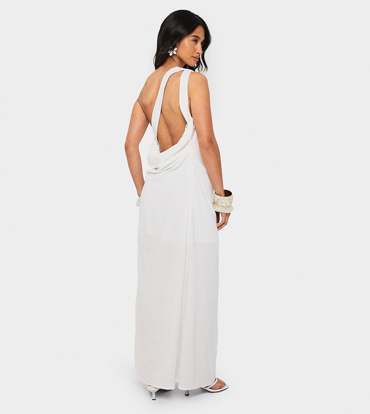 Petite Linen Look Drape Strap Back Maxi Dress