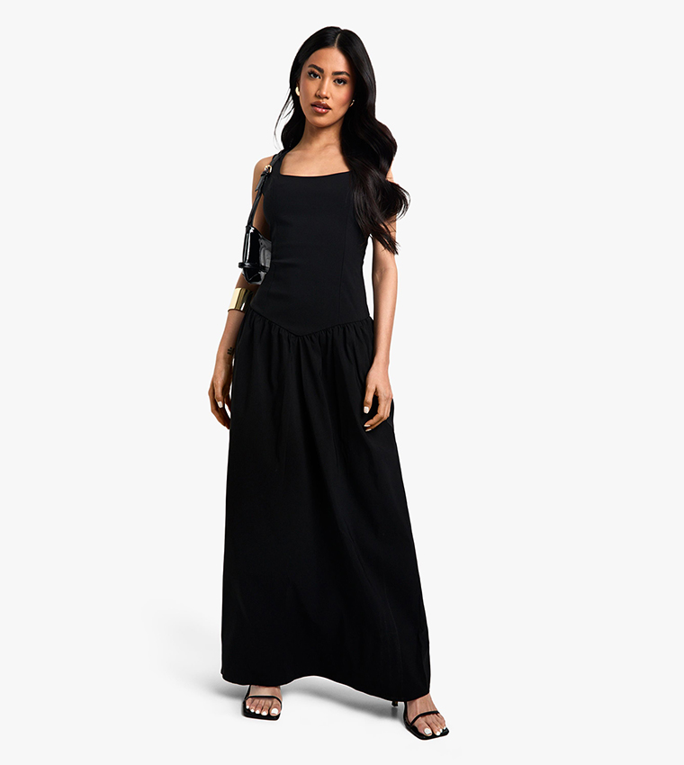 Bengaline Square Neck Dropped Waist Maxi Dress